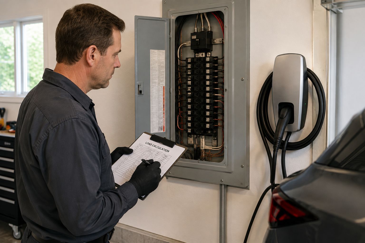 Electrician reviewing a load calculation at an open breaker panel next to a Level 2 EV charger in a Massachusetts garage