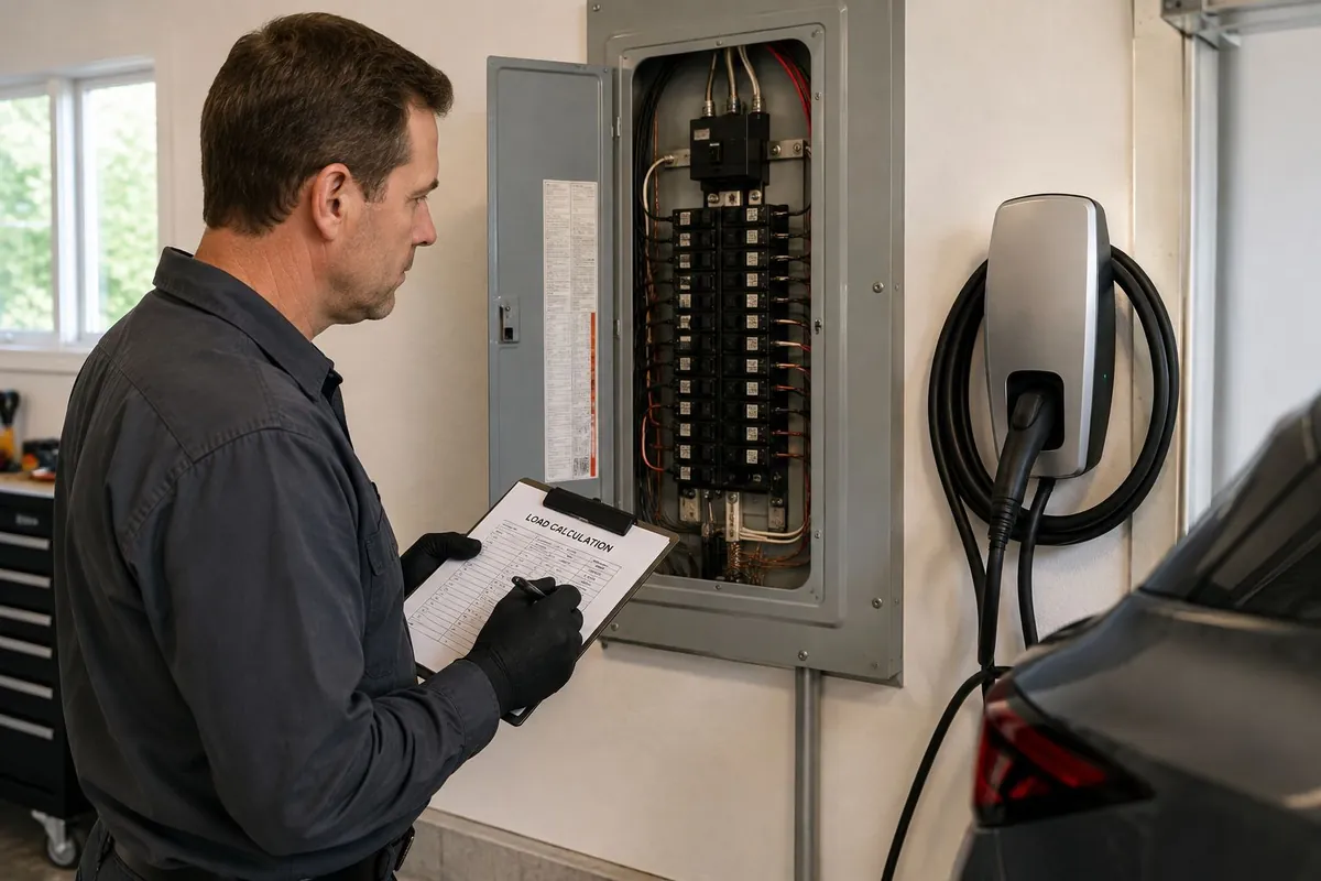 Electrician reviewing a load calculation at an open breaker panel next to a Level 2 EV charger in a Massachusetts garage