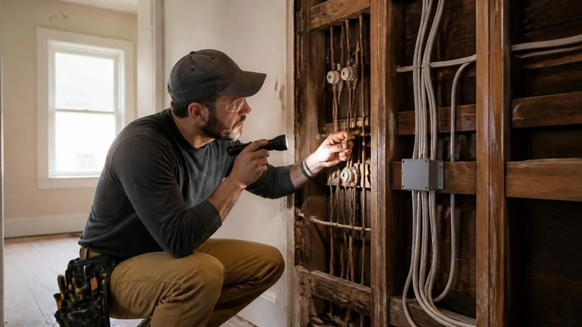 Knob-and-tube wiring running through floor joists in an older basement
