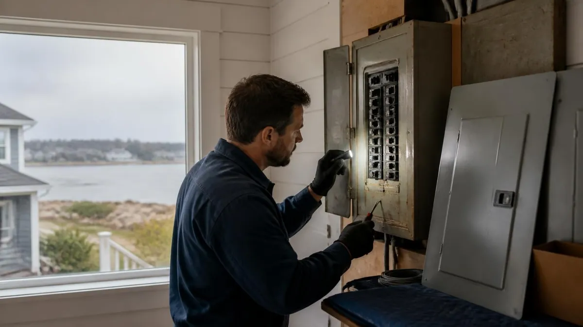 Electrician inspecting corrosion inside an electrical panel in a coastal home