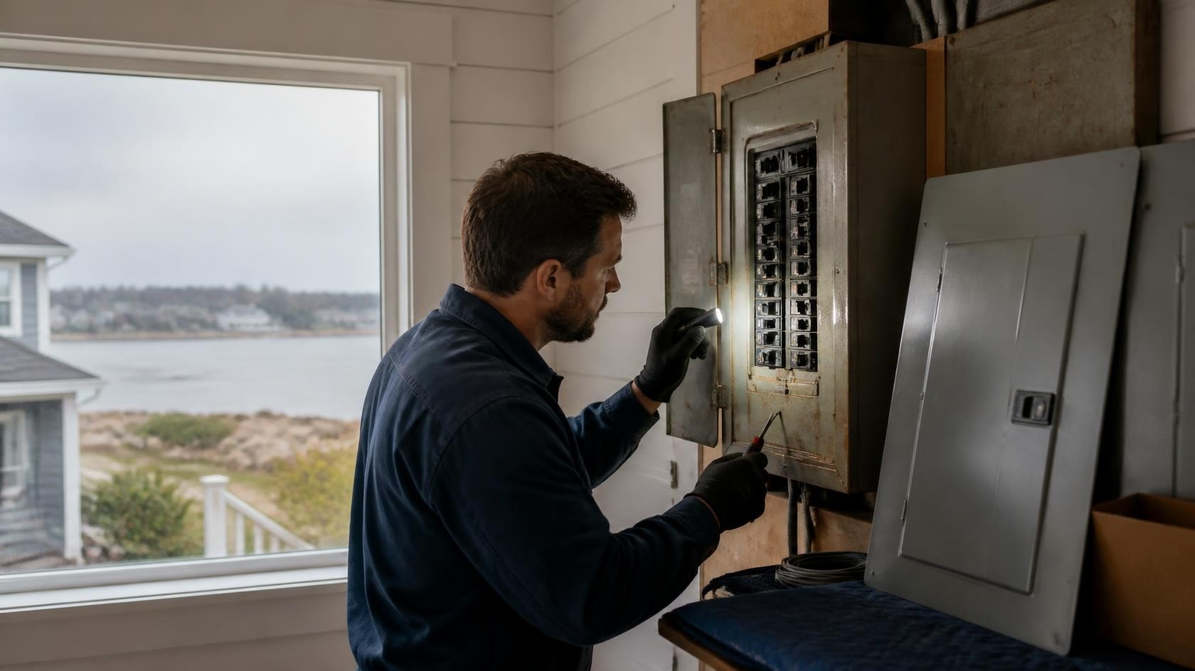 Electrician inspecting corrosion inside an electrical panel in a coastal home