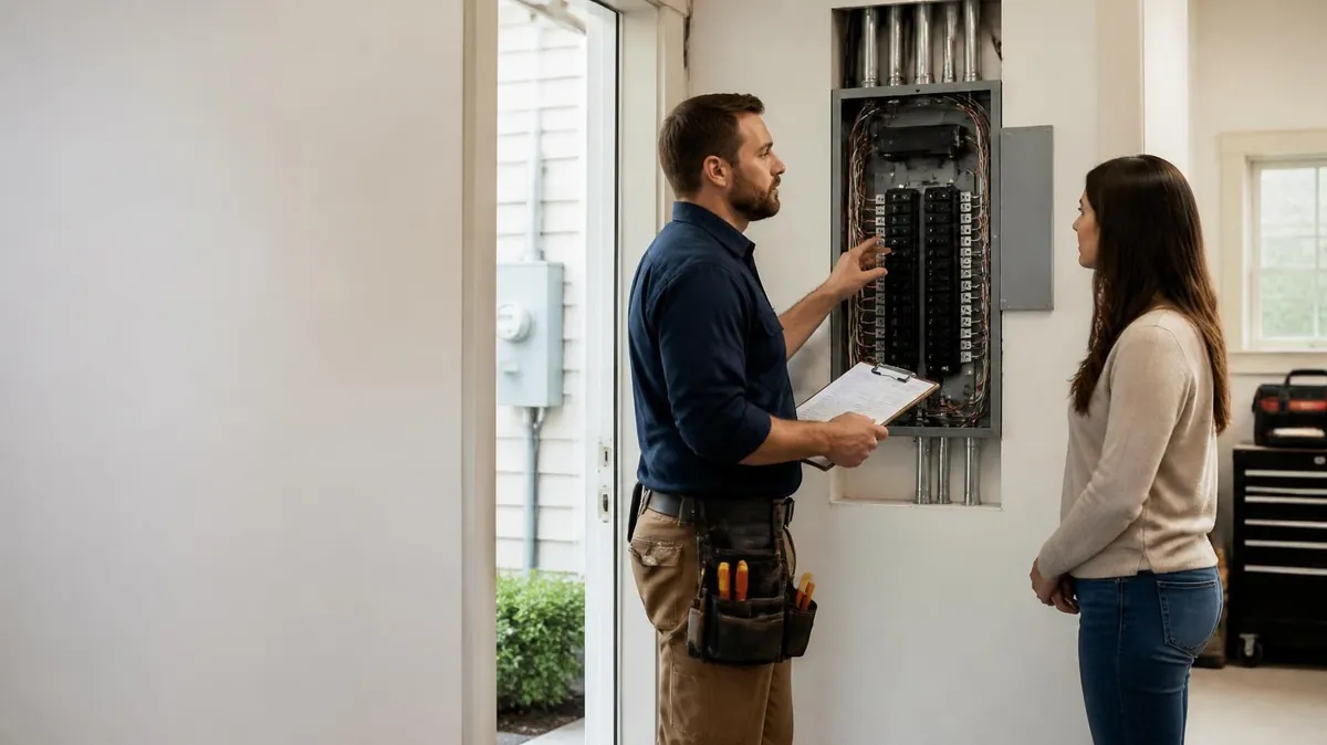 Licensed electrician installing a 200-amp electrical service panel in a Massachusetts home