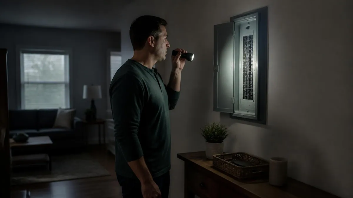 Homeowner using a flashlight to inspect an open electrical panel during a power outage