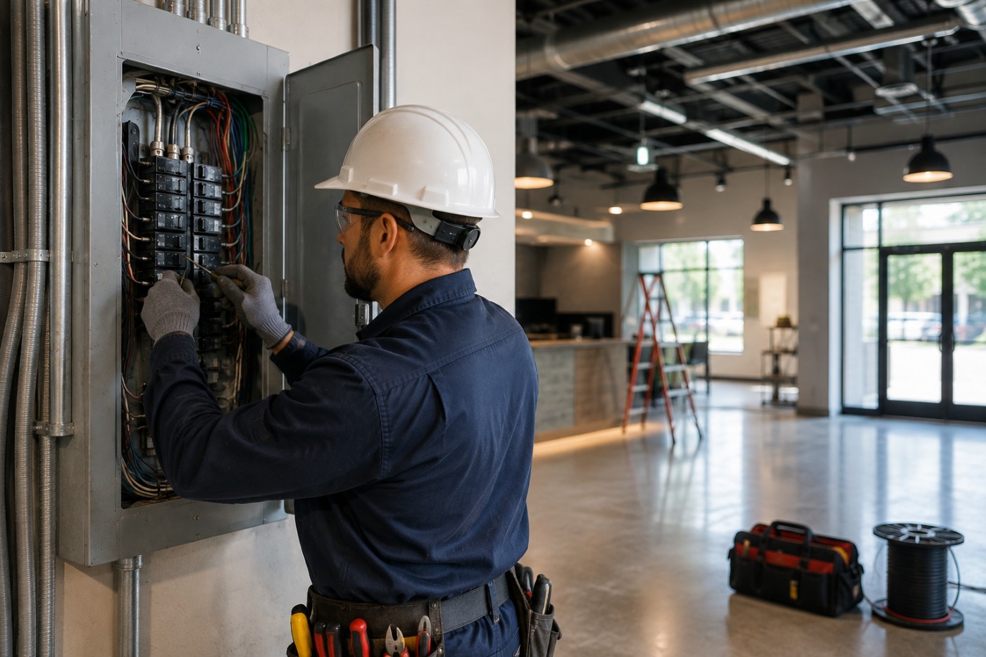 Commercial electrician working on a distribution panel in a Massachusetts business space