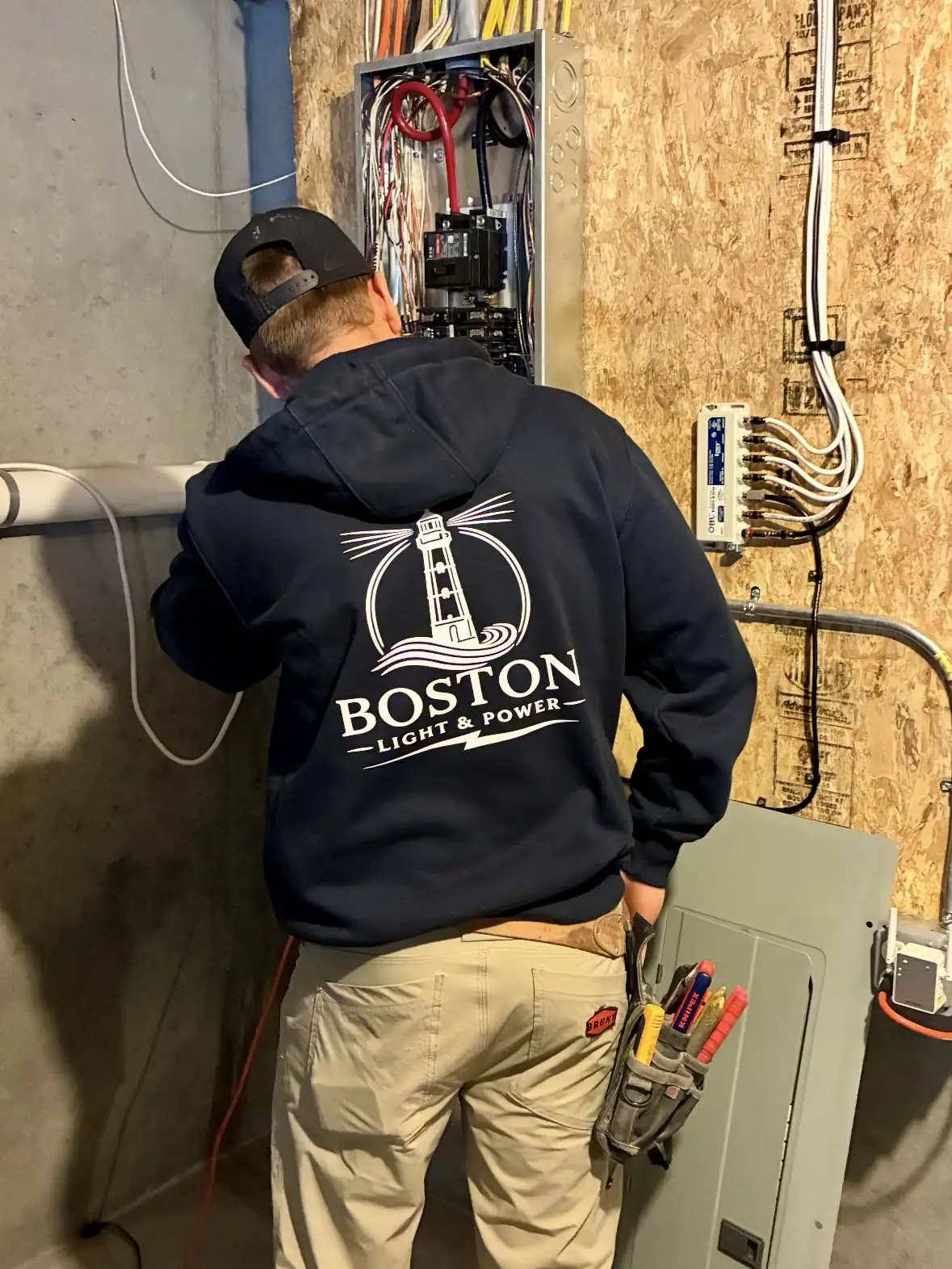 Boston Light & Power electrician working on an electrical panel