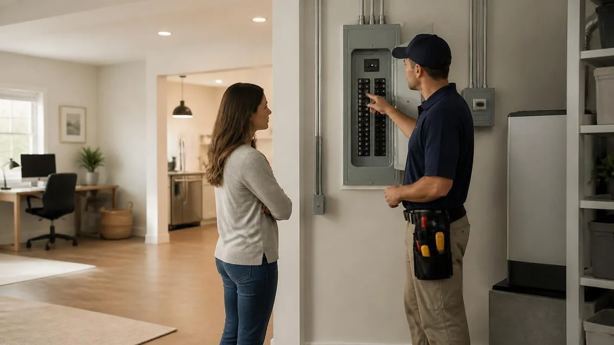 An electrician showing a homeowner an electrical panel in a finished basement