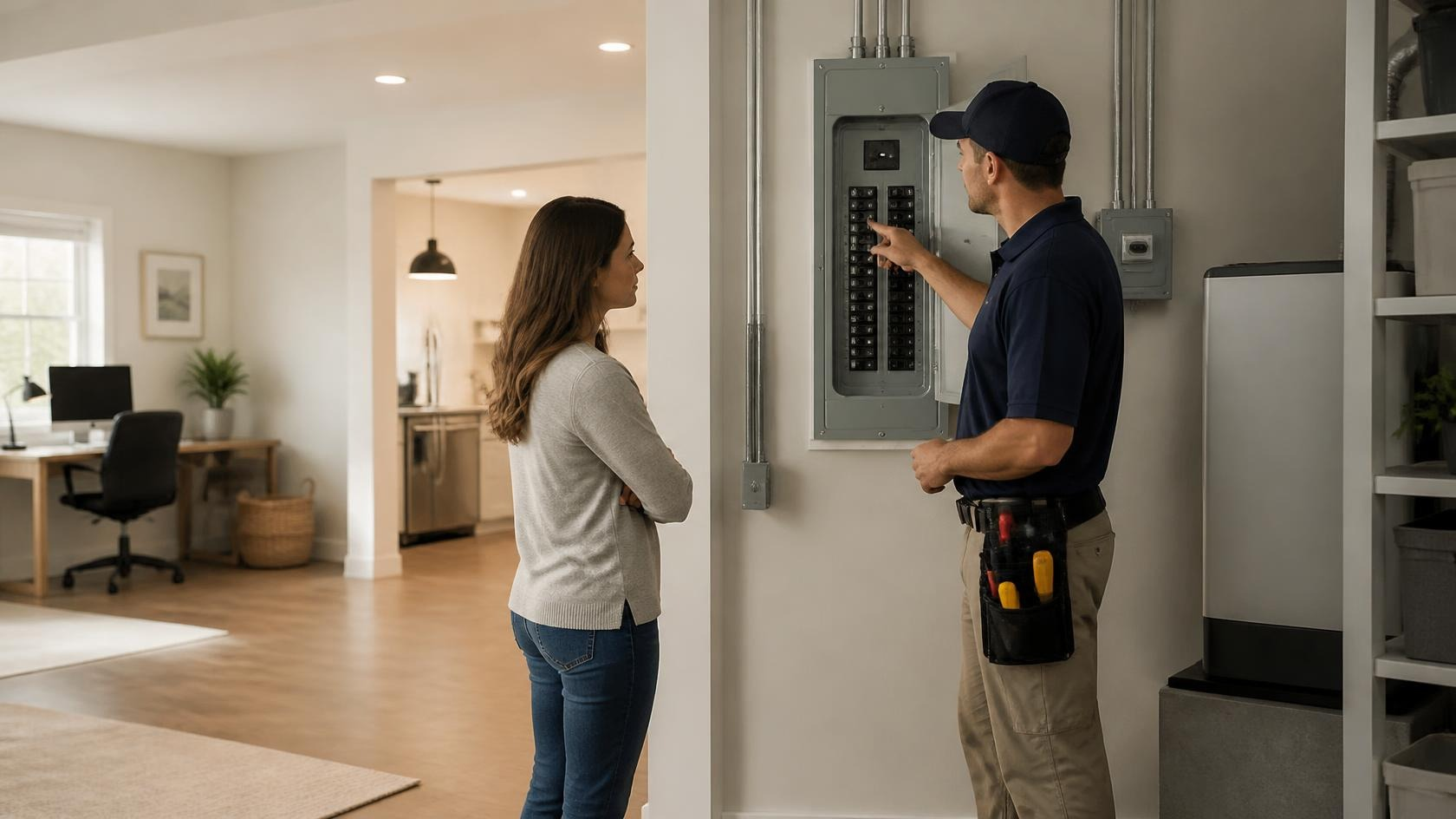 An electrician showing a homeowner an electrical panel in a finished basement