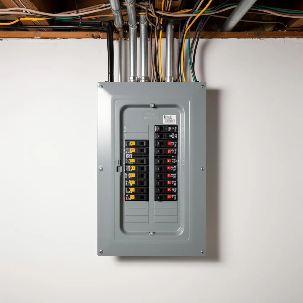 Modern grey circuit breaker panel with labeled breakers mounted on a basement wall