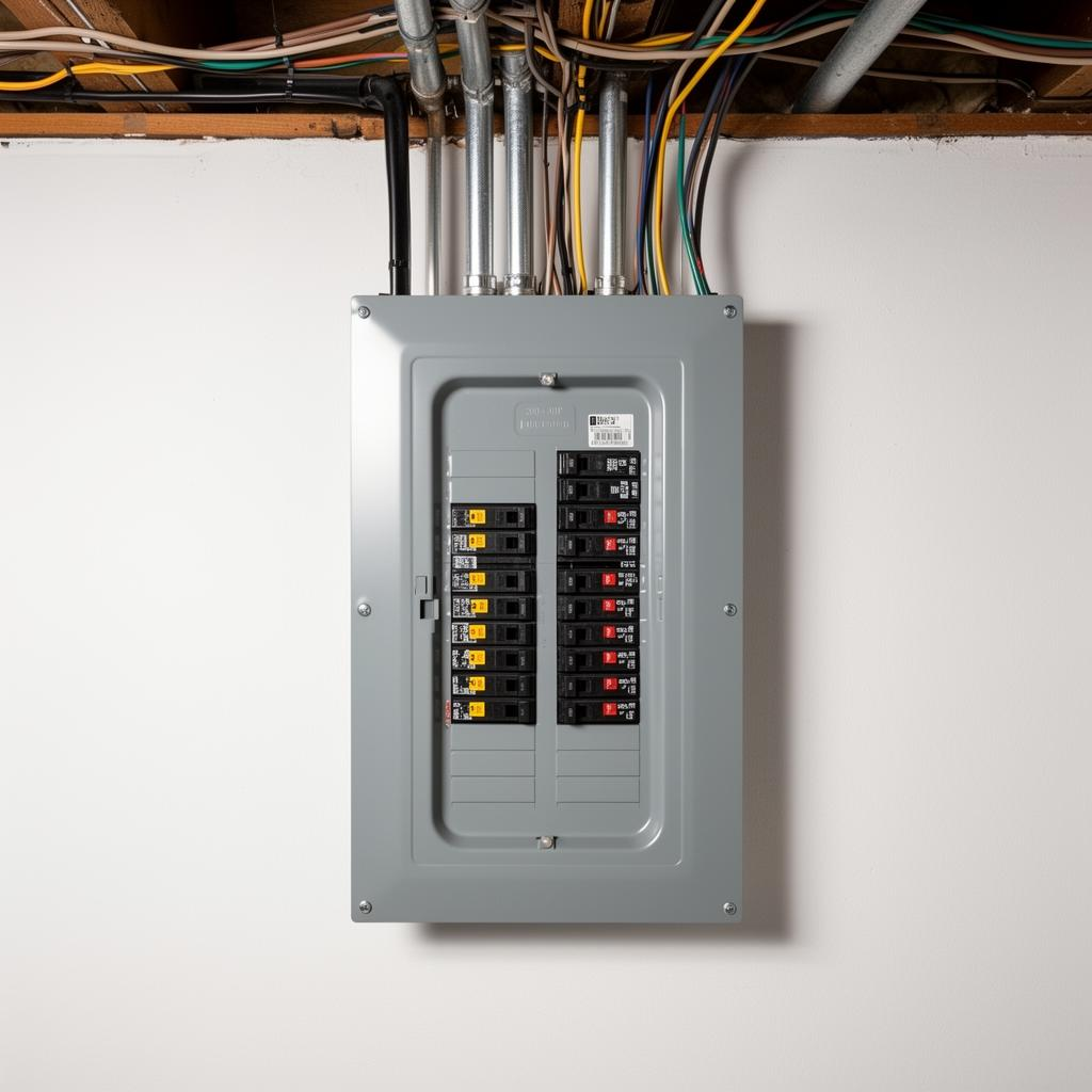 Modern grey circuit breaker panel with labeled breakers mounted on a basement wall