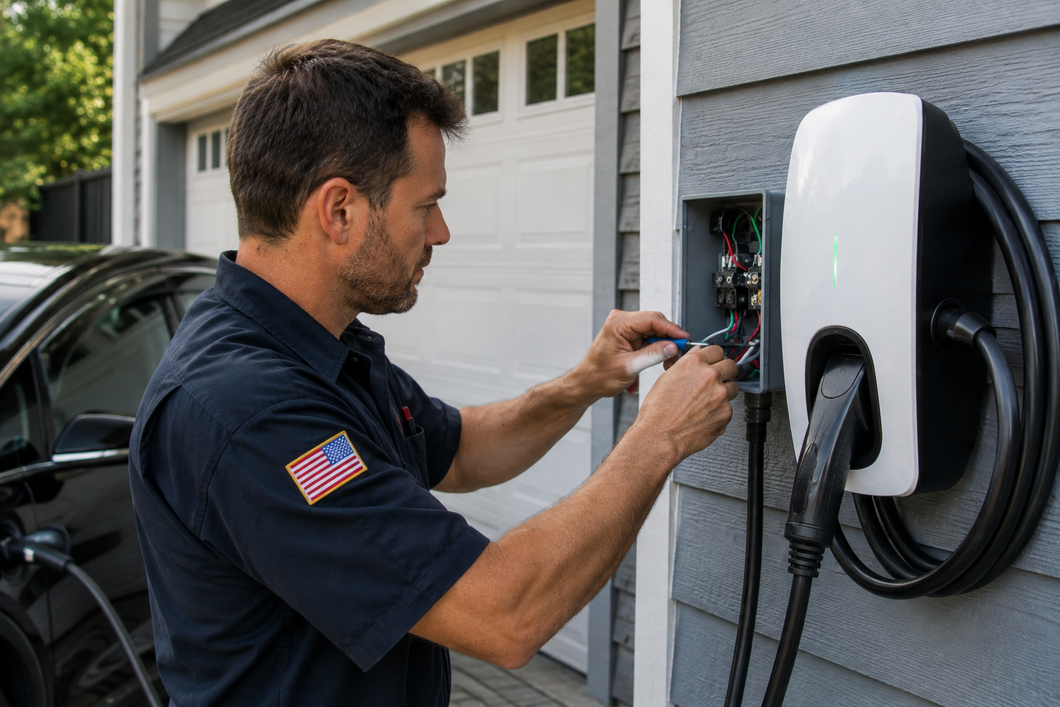An electrician installing an EV charger on the exterior of a house
