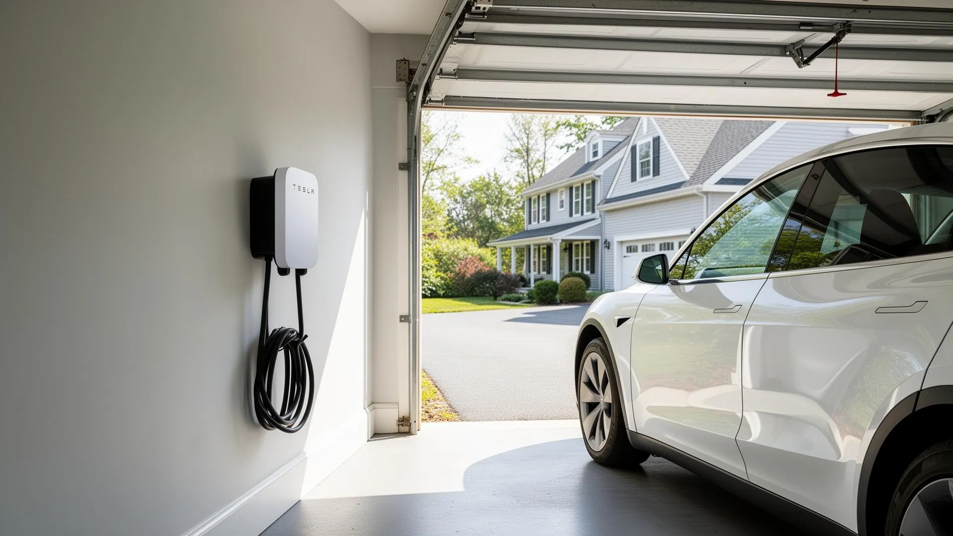 A white Tesla wall charger with a coiled cable mounted in an open residential garage, an electric car parked beside it.