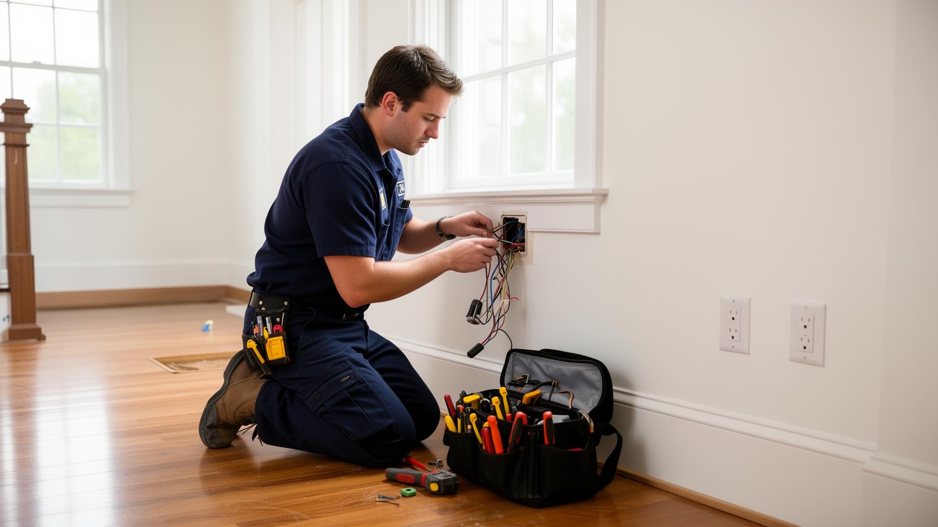 An electrician kneeling on a hardwood floor, wiring an outlet box in a bright white walled room with an open tool bag beside him