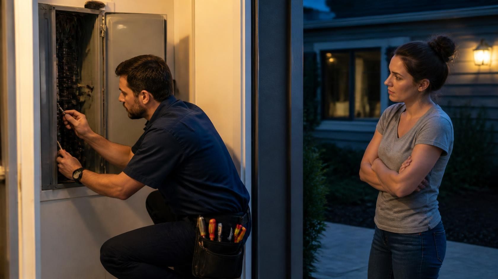 A licensed electrician working on an open electrical panel by work light during a night emergency call