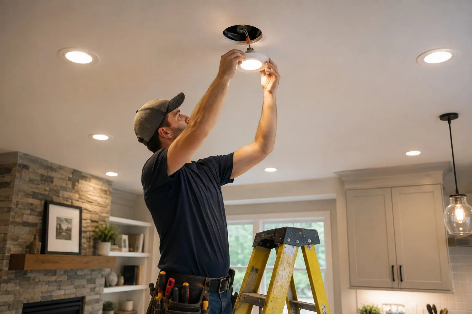 An electrician installing a recessed LED light in a living room ceiling