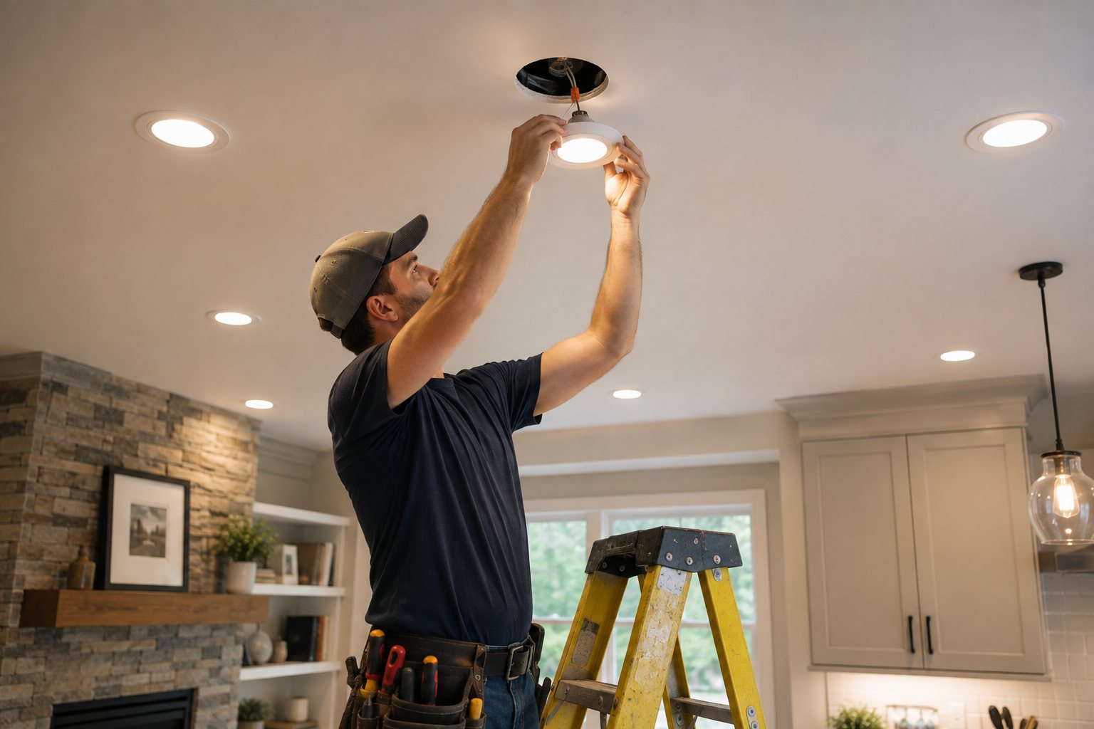 An electrician installing a recessed LED light in a living room ceiling
